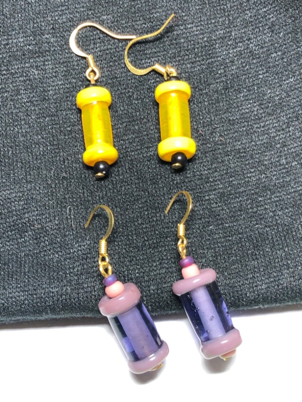 Purple yellow art glass bead earrings